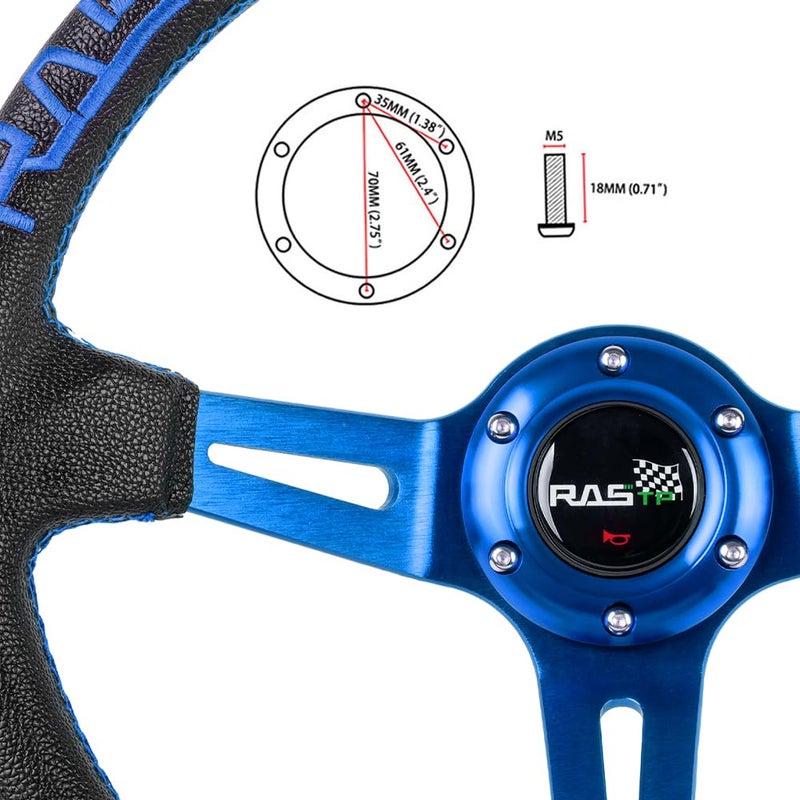 RASTP Universal Racing Steering Wheel,Deep Dish Steering Wheel Leather Embroidery 13.58â€/345mm 6 Bolts with Horn Button Include Cable, Wrench,Blue - Image 4